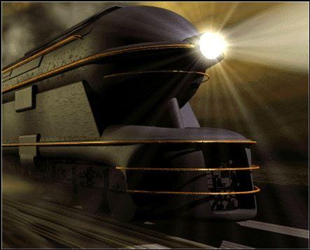 Das Bild zeigt eine futurichstische Dampflokomotive mit eingeschaltetem Licht